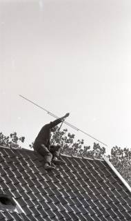ARH NL Koberg 5390, Mann auf einem Dach montiert einer Fernsehantenne, Insel Neuwerk, 1958