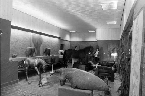 ARH NL Mellin 02-192/0001, Pferd in einem Wohnzimmer mit mehreren Tierskulpturen, um 1970