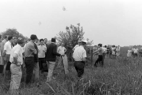 ARH NL Mellin 02-192/0006, Mick Jagger(?) mit weiteren Personen auf einem Feld, um 1975