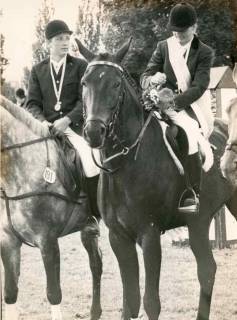 ARH Slg. Bartling 1399, Pferdezuchtverein, Hengst Adorno mit Reiterin zwischen anderen Pferden auf dem Reitplatz, Entgegennahme eines Blumengebindes, Mandelsloh, um 1985