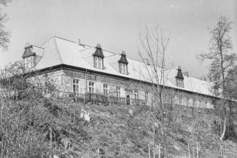 ARH Slg. Bartling 1527, Schlossfassade von Südosten (mit leicht verschneitem Dach), Blick vom Uferweg an der Kleinen Leine über die Böschung nach oben, Neustadt a. Rbge., um 1975