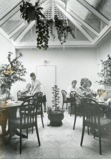 ARH Slg. Bartling 2611, Bäckerei Knoke?, Frühstücksraum unter einem Glasdach, Blick auf die Gäste an den Tischen, Neustadt a. Rbge., um 1975