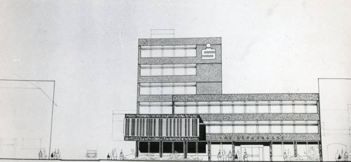 ARH Slg. Bartling 2676, Ansicht des geplanten Neubaus der Kreissparkasse Neustadt, Front mit Haupteingang an der Marktstraße, Architektenzeichnung, Neustadt a. Rbge., 1969