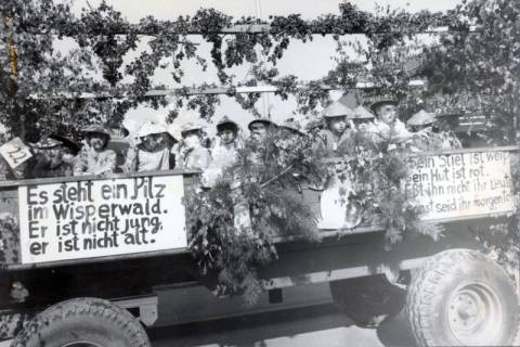 ARH Slg. Bartling 3708, Umzug am Erntefest, zahlreiche Kinder mit "Fliegenpilzhut" auf einem reich geschmückten und beschrifteten Anhänger, Mandelsloh, 1984