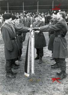 ARH Slg. Bartling 4310, Feierliches Gelöbnis / Vereidigung, Gruppe von vier Rekruten, die den Fahneneid schwören, im Hintergrund die Gästetribüne, Luttmersen, um 1975