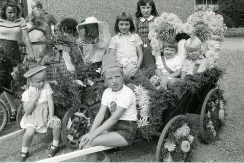 ARH Slg. Bartling 4780, Kinder auf Bollerwagen, die mit Blumen und Heidekraut festlich geschmückt sind beim Erntefestumzug, Otternhagen, 1973