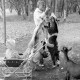 ARH NL Mellin 02-032/0014, Mutter mit Kind im Kinderwagen in einem Streichelzoo, umringt von Ziegen