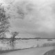 ARH Slg. Bartling 1062, Leine-Hochwasser im Spätherbst, Blick vom östlichen Ufer mit Weg nach Nordwesten über das überschwemmte Flusstal (darin die Krone einer Eiche), Neustadt a. Rbge.