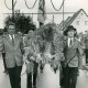 Stadtarchiv Neustadt a. Rbge., ARH Slg. Bartling 4490, Händischer Transport der Erntekrone auf der Straße durch den Vorstand Walter Deppe (r.) und andere Schützen beim Erntefestumzug, Mariensee