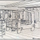Stadtarchiv Neustadt a. Rbge., ARH Slg. Grabenhorst 31, Webstube mit einem Handwebstuhl, dahinter der verhängte Einstieg zu einer Schlafkoje, Reprozeichnung von Karl Grabenhorst